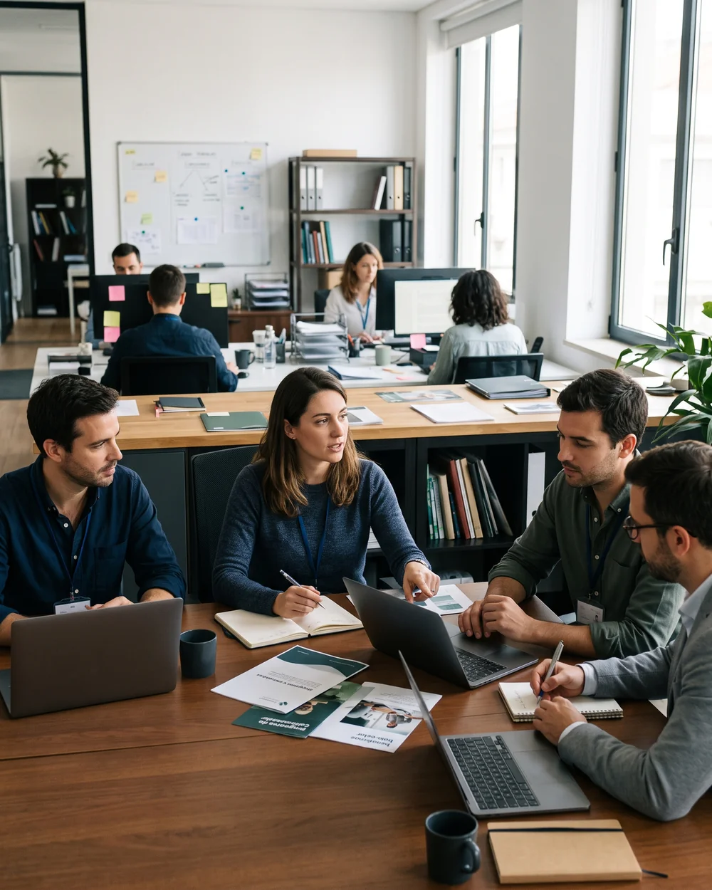 Uma equipa numa reunião de trabalho, num escritório com luz natural.